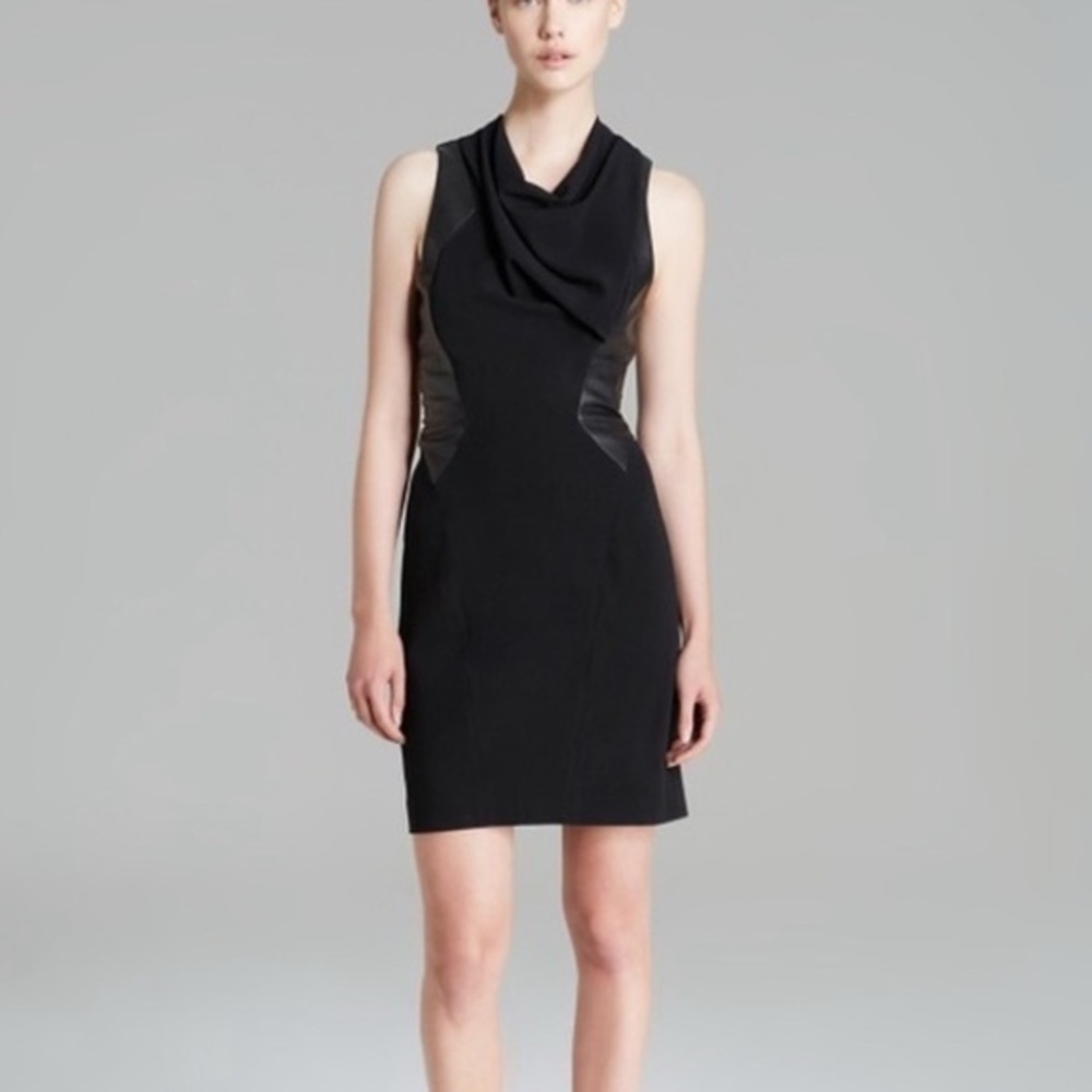 Helmut Lang Black Wool Sphere Combo Sheath Dress Leather Sides Sz. 6